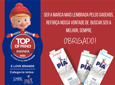 Piá é a Marca Mais Lembrada no Top Of Mind RS  -2021